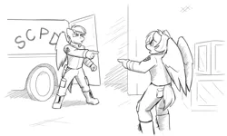 Size: 5000x3000 | Tagged: safe, artist:captainhoers, derpibooru import, oc, unofficial characters only, anthro, pegasus, plantigrade anthro, 60s spider-man, duo, grayscale, image, meme, monochrome, png, pointing, ponified meme