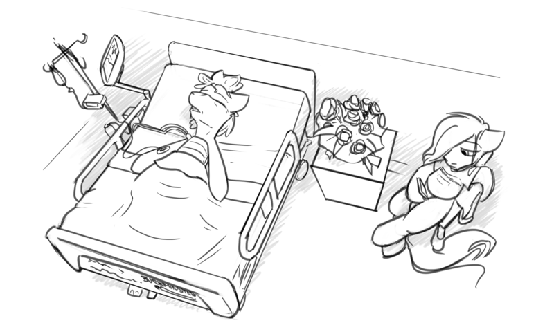 Size: 5000x3000 | Tagged: safe, artist:captainhoers, derpibooru import, oc, unofficial characters only, pony, bed, duo, grayscale, hospital bed, image, iv drip, monochrome, overhead view, png