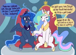 Size: 4812x3474 | Tagged: safe, artist:graphenescloset, derpibooru import, princess celestia, princess luna, alicorn, pony, series:luna's blubbering, confused, dialogue, duo, duo female, eye clipping through hair, eyebrows, eyebrows visible through hair, eyes closed, female, frown, high res, image, implied mane six, incentive drive, mare, open mouth, open smile, png, royal sisters, siblings, sisters, sitting, smiling, speech bubble, talking, this will end in weight gain, throne, throne room, weight gain sequence