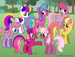 Size: 1024x768 | Tagged: safe, artist:andromendaskies, derpibooru import, cheerilee, cheerilee (g3), gem blossom, puzzlemint, sweet berry, sweetberry, earth pony, pony, unicorn, adorablossom, cheeribetes, cute, female, field, g2, g2 to g4, g3, g3 cheeribetes, g3 to g4, g4, generation leap, generational ponidox, generations, grass, grass field, grin, group, image, mare, open mouth, open smile, png, puzzlebetes, raised hoof, raised leg, smiling, sweet sweet berry, sweet sweetberry, unicorn cheerilee