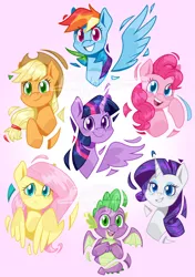 Size: 1280x1823 | Tagged: safe, artist:imaplatypus, derpibooru import, applejack, fluttershy, pinkie pie, rainbow dash, rarity, spike, twilight sparkle, twilight sparkle (alicorn), alicorn, dragon, earth pony, pegasus, pony, unicorn, female, group shot, image, jpeg, male, mane seven, mane six, mare, simple background, smiling, watermark, winged spike, wings