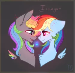 Size: 881x854 | Tagged: safe, artist:adele-blooming-art, derpibooru import, rainbow dash, oc, oc:dark rainbow, pegasus, pony, black background, blushing, bust, canon x oc, chest fluff, colored wings, commission, cute, ear fluff, eye contact, female, floating wings, heart, i love you, image, looking at each other, looking at someone, male, mare, multicolored hair, multicolored wings, pegasus oc, png, rainbow hair, rainbow wings, shipping, simple background, smiling, straight, wings, ych result