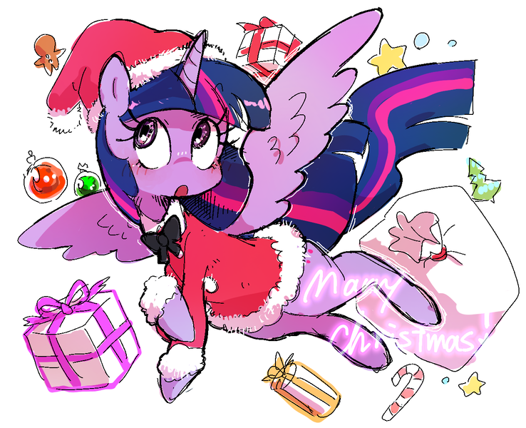 Size: 1266x1029 | Tagged: safe, artist:nendo, derpibooru import, twilight sparkle, twilight sparkle (alicorn), alicorn, pony, bag, bowtie, candy, candy cane, christmas, christmas tree, clothes, costume, food, gingerbread man, hat, holiday, image, merry christmas, misspelling, open mouth, ornament, png, present, santa costume, santa hat, simple background, stars, text, tree