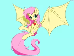 Size: 1280x960 | Tagged: safe, artist:tinybenz, derpibooru import, fluttershy, bat pony, pony, apple, bat ponified, blue background, female, flutterbat, food, image, jpeg, large wings, mare, race swap, simple background, solo, spread wings, wings