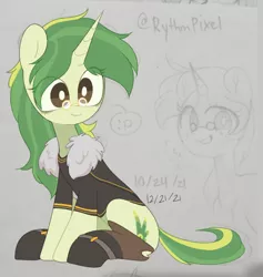 Size: 768x811 | Tagged: safe, artist:softpound, derpibooru import, oc, pony, unicorn, :p, boots, brown eyes, clothes, female, green mane, horn, image, jacket, mare, png, shoes, sitting, smiling, solo, spectacles, tongue out, unicorn oc