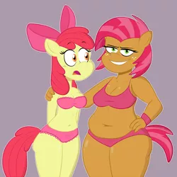 Size: 1280x1280 | Tagged: suggestive, artist:scobionicle99, derpibooru import, apple bloom, babs seed, anthro, earth pony, belly button, bra, breasts, busty apple bloom, busty babs seed, chubby, clothes, cousins, grin, hand on shoulder, image, open mouth, panties, png, smiling, underwear