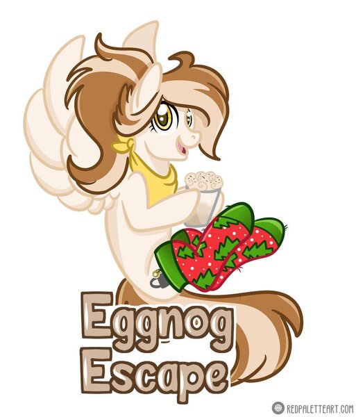 Size: 826x967 | Tagged: safe, artist:redpalette, derpibooru import, oc, oc:eggnog escape, pegasus, pony, bandana, clothes, commission, convention badge, cute, eggnog, female, flying, image, jpeg, mare, pegasus oc, ponytail, smiling, socks, stockings, thigh highs, wings