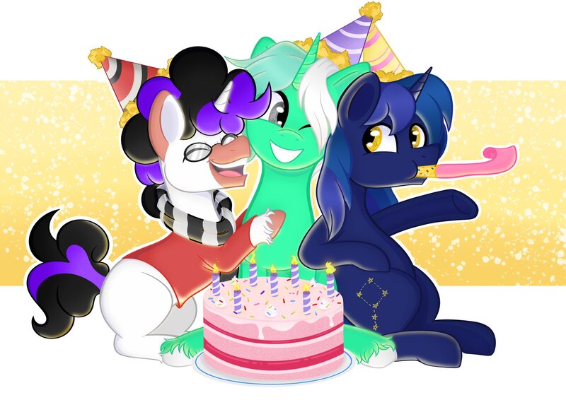 Size: 2048x1448 | Tagged: safe, artist:balychen, derpibooru import, oc, oc:colarus, oc:shooting star, oc:vynarity, unofficial characters only, birthday, cake, food, hat, image, jpeg, mucca, not lyra, party hat, party horn, simple background, unshorn fetlocks