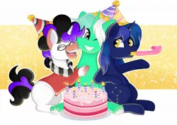 Size: 2048x1448 | Tagged: safe, artist:balychen, derpibooru import, oc, oc:colarus, oc:shooting star, oc:vynarity, unofficial characters only, birthday, cake, food, hat, image, jpeg, mucca, not lyra, party hat, party horn, simple background, unshorn fetlocks