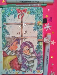 Size: 1738x2301 | Tagged: safe, artist:valeriamagicart, derpibooru import, capper dapperpaws, rarity, human, my little pony: the movie, capperity, christmas, christmas tree, female, holiday, humanized, image, jpeg, male, mistletoe, shipping, straight, traditional art, tree
