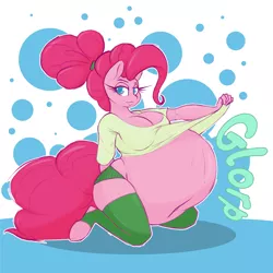 Size: 2000x2000 | Tagged: suggestive, derpibooru import, pinkie pie, anthro, earth pony, unguligrade anthro, abdominal bulge, ass, belly, big belly, big breasts, breasts, butt, cartoon, clothes, crotch bulge, equine, exposed belly, fat ass, huge breasts, humanoid, image, large belly, large butt, midriff, panties, png, ponytail, post-vore, shirt, shirt lift, soft, soft vore, stomach, underwear, vore