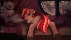 Size: 4000x2250 | Tagged: suggestive, alternate version, artist:freeedon, derpibooru import, sugar moonlight, earth pony, pony, my little pony: a new generation, bed, bowtie, eyeshadow, female, g5, high res, hock fluff, image, jpeg, looking at you, looking back, looking back at you, lying down, makeup, mare, on bed, pillow, plushie, prone, rear view, signature, smiling, solo, tail, teddy bear, teeth, two toned mane, two toned tail, underhoof, window