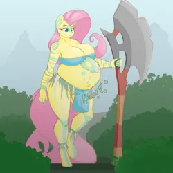 Size: 1500x1500 | Tagged: suggestive, artist:blueblaze95, derpibooru import, fluttershy, anthro, unguligrade anthro, axe, battle axe, belly, big belly, big breasts, breasts, busty fluttershy, digestion, fatal, female, huge breasts, image, implied death, implied digestion, png, post-vore, solo, solo female, stomach noise, tattoo, thighs, tribal, vore, weapon, weight gain, wingless, wingless anthro
