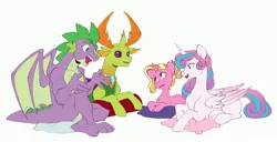 Size: 4096x2100 | Tagged: safe, artist:chub-wub, derpibooru import, luster dawn, princess flurry heart, spike, thorax, alicorn, changedling, changeling, dragon, pony, unicorn, alternate hairstyle, female, image, jpeg, king thorax, lying down, male, mare, older, older flurry heart, older spike, open mouth, pillow, prone, simple background, white background