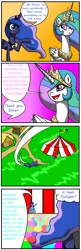 Size: 1397x4292 | Tagged: safe, artist:tf-circus, derpibooru import, princess celestia, princess luna, twilight sparkle, brainwashing, circus, clown, clown celestia, clown makeup, clown nose, comic, hat, hypno eyes, hypnosis, hypnotized, image, jester, jester hat, pink eyes, png, transformation