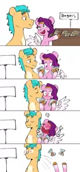 Size: 1922x4096 | Tagged: safe, artist:chub-wub, derpibooru import, hitch trailblazer, pipp petals, earth pony, pegasus, pony, my little pony: a new generation, adorapipp, bag, bagel, blushing, bread, cute, duo, eyes closed, faint, female, flustered, food, g5, hitchbetes, hitchpipp, image, jpeg, kiss on the cheek, kissing, male, mare, markings, open mouth, question mark, shipping, stallion, store, straight, surprise kiss, unshorn fetlocks