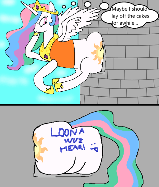 Size: 1000x1175 | Tagged: safe, artist:goofermutt, derpibooru import, princess celestia, alicorn, pony, body writing, butt, castle, image, implied princess luna, large butt, plot, png, stuck, sunbutt, the ass was fat, thought bubble