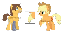 Size: 916x487 | Tagged: safe, artist:marrayala, derpibooru import, applejack, caramel, earth pony, pony, alternate hairstyle, amputee, base used, carajack, duo, female, five o'clock shadow, image, male, mare, png, prosthetic leg, prosthetic limb, prosthetics, shipping, stallion, straight, watermark