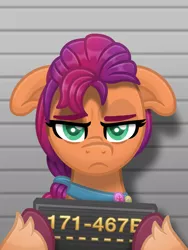 Size: 3000x4000 | Tagged: safe, alternate version, artist:sol-r, derpibooru import, sunny starscout, earth pony, pony, my little pony: a new generation, g5, grumpy, image, mugshot, png, sunny is not amused