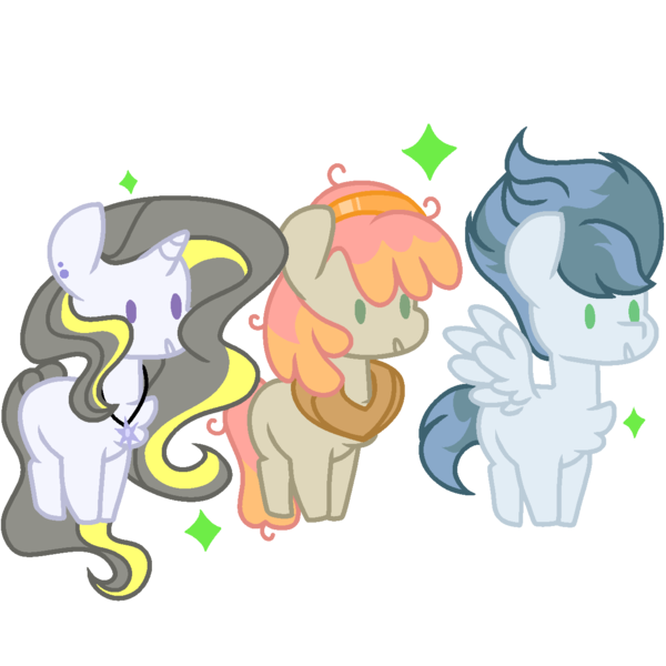 Size: 1280x1280 | Tagged: safe, artist:twipie321yt, derpibooru import, oc, earth pony, pegasus, pony, unicorn, chest fluff, earth pony oc, horn, horse collar, image, jewelry, magical lesbian spawn, necklace, offspring, parent:big macintosh, parent:high winds, parent:misty fly, parent:prince blueblood, parent:tree hugger, parent:twilight sparkle, parents:mistywinds, parents:treemac, parents:twiblood, pegasus oc, png, simple background, transparent background, trio, unicorn oc, wings