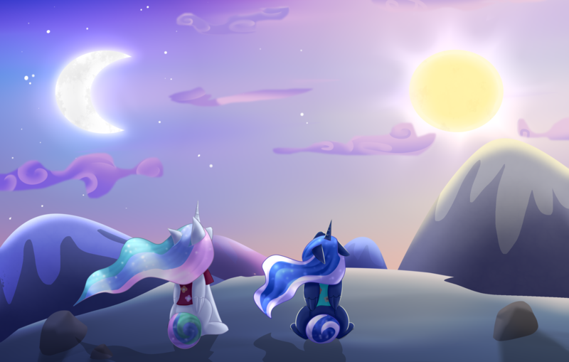 Size: 2978x1896 | Tagged: safe, artist:zara-xx, derpibooru import, princess celestia, princess luna, alicorn, pony, between dark and dawn, clothes, cloud, crescent moon, day and night, duo, ethereal mane, female, folded wings, hawaiian shirt, horn, image, looking up, mare, moon, mountain, mountain range, png, royal sisters, scene interpretation, shirt, siblings, sisters, sitting, sky, starry mane, stars, sun, sun and moon, wind, windswept mane, wings