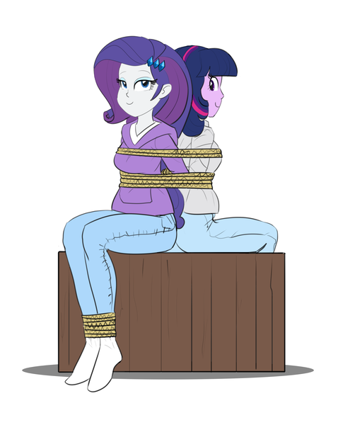 Size: 3669x4607 | Tagged: safe, artist:carnifex, derpibooru import, rarity, twilight sparkle, equestria girls, arm behind back, back to back, bondage, bound together, duo, duo female, female, image, png, rope, rope bondage, simple background, sitting, smiling, white background