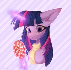 Size: 2066x2048 | Tagged: safe, artist:maybeweed, derpibooru import, twilight sparkle, pony, unicorn, abstract background, big ears, bust, candy, clothes, female, food, high res, image, lollipop, magic, mare, png, scarf, solo, telekinesis, tongue out, unicorn twilight