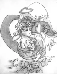 Size: 3006x3903 | Tagged: safe, artist:aldairsparkle, derpibooru import, princess luna, oc, alicorn, pony, artwork, female, foal, heart, hug, i love you mother, image, jpeg, love, male, mother and child, mother and son, pencil, pencil drawing, prince shan, spread wings, traditional art, wings