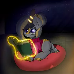 Size: 2000x2000 | Tagged: safe, derpibooru import, oc, oc:luxury royale, kirin, book, clothes, cushion, glasses, horn, image, jpeg, magic, reading, solo, sweater