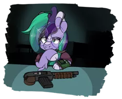 Size: 678x551 | Tagged: safe, artist:orbitingdamoon, derpibooru import, oc, oc:tutti frutti, unofficial characters only, kirin, bow, glasses, gun, image, interrogation, png, round glasses, simple background, solo, table, transparent background, weapon