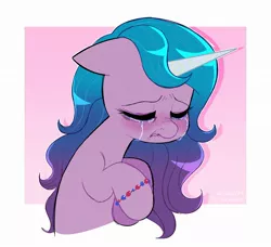 Size: 2120x1934 | Tagged: safe, artist:syrupyyy, derpibooru import, izzy moonbow, pony, unicorn, my little pony: a new generation, abstract background, bracelet, crying, eyes closed, floppy ears, frown, g5, image, jewelry, jpeg, pink background, sad, simple background, solo, white background