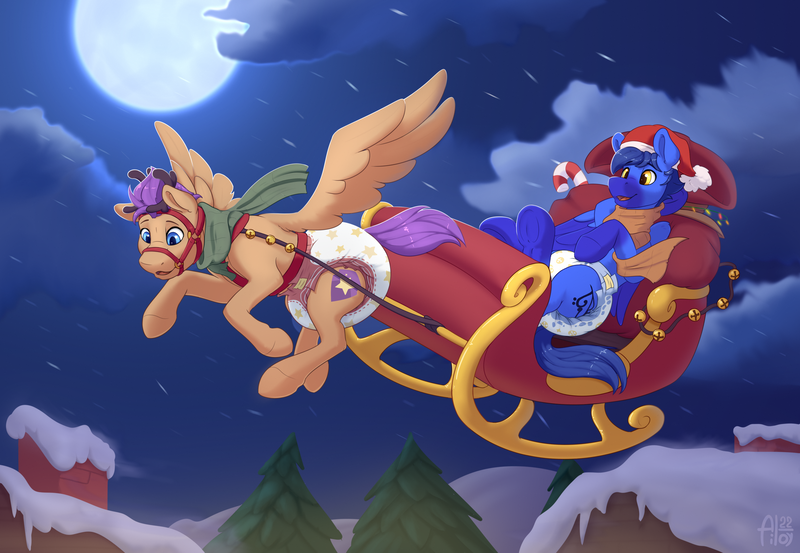 Size: 4000x2764 | Tagged: suggestive, artist:ailoy4, derpibooru import, oc, oc:bulwark, oc:skaj, pegasus, pony, diaper, diaper fetish, fetish, flying, harness, image, male, night, pegasus oc, png, poofy diaper, sleigh, snow, stallion, tack, wings