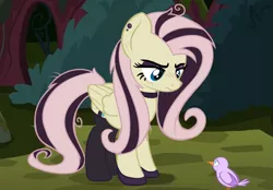 Size: 823x572 | Tagged: safe, anonymous editor, edit, edited screencap, screencap, fluttershy, mean fluttershy, bird, pegasus, pony, the mean 6, blushing, chick, choker, chokershy, clone, clothes, clothes edit, dyed mane, ear piercing, female, fluttergoth, garter belt, hair dye, hoof shoes, image, mare, mascara, piercing, png, raised eyebrow, spread wings, stockings, thigh highs, wings