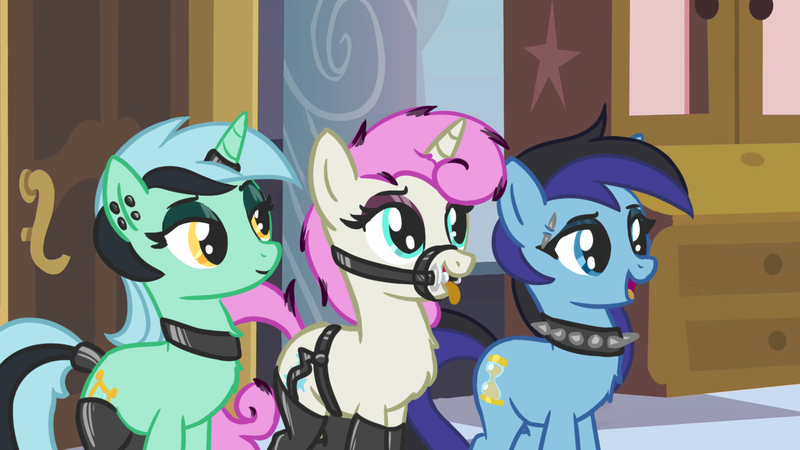 Size: 1280x720 | Tagged: safe, anonymous editor, edit, edited screencap, screencap, lyra heartstrings, minuette, twinkleshine, pony, unicorn, a canterlot wedding, bit, black lipstick, bridle, choker, clothes, clothes edit, door, dyed mane, ear piercing, emo, female, females only, garter belt, hair dye, horn, horn ring, image, lipstick, mare, mascara, open mouth, piercing, png, ring, smiling, spiked choker, stockings, tack, tail wrap, thigh highs, tongue out, trio