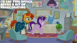 Size: 1280x720 | Tagged: safe, derpibooru import, edit, edited screencap, editor:quoterific, screencap, phyllis, starlight glimmer, sunburst, trixie, pony, unicorn, a horse shoe-in, season 9, spoiler:s09, eyes closed, female, glasses, image, jpeg, male, mare, open mouth, school of friendship, smiling, stallion, starlight's office, trash can