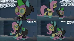 Size: 1280x720 | Tagged: safe, derpibooru import, edit, edited screencap, editor:quoterific, screencap, fluttershy, spike, dragon, pegasus, pony, season 9, sparkle's seven, spoiler:s09, clothes, costume, dangerous mission outfit, female, goggles, hoodie, image, jpeg, male, mare, open mouth, open smile, smiling, winged spike, wings