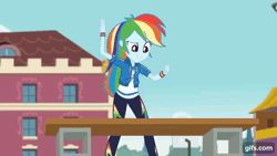 Size: 640x360 | Tagged: safe, derpibooru import, screencap, rainbow dash, sci-twi, twilight sparkle, equestria girls, equestria girls series, stressed in show, stressed in show: rainbow dash, spoiler:eqg series (season 2), animated, canterlot high, clothes, cutie mark, cutie mark on clothes, eyes closed, female, geode of super speed, gif, gifs.com, glasses, hoodie, image, jewelry, karate, magical geodes, necklace, open mouth, open smile, shrunken pupils, smiling, this ended in pain