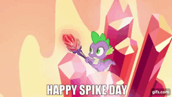 Size: 640x360 | Tagged: safe, derpibooru import, edit, edited screencap, editor:quoterific, screencap, spike, dragon, gauntlet of fire, season 6, animated, gif, gifs.com, image, impact font, male, open mouth, solo, spike day, text, wide eyes