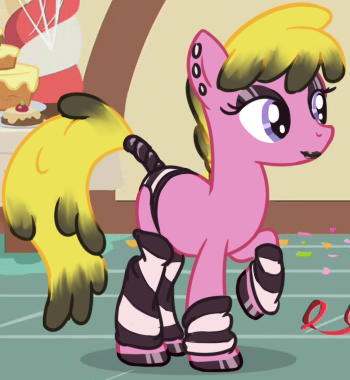 Size: 350x380 | Tagged: safe, anonymous editor, edit, edited screencap, screencap, pony, background pony, black lipstick, clothes, clothes edit, dyed mane, ear piercing, emo, female, hair dye, hoof polish, image, leg warmers, lipstick, mare, mascara, mouth hold, panties, piercing, png, socks, striped socks, striped underwear, tail wrap, underwear