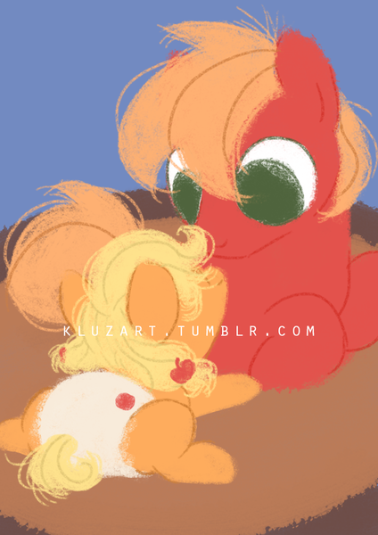 Size: 730x1034 | Tagged: safe, artist:kluzart, derpibooru import, applejack, baby applejack, big macintosh, pony, colt big macintosh, cute, image, jackabetes, male, obtrusive watermark, png, watermark, younger