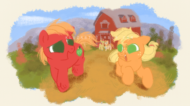 Size: 1280x719 | Tagged: safe, artist:kluzart, derpibooru import, applejack, big macintosh, bright mac, pear butter, pony, colt big macintosh, female, filly, filly applejack, image, male, png, younger