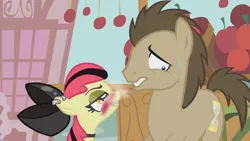 Size: 1366x768 | Tagged: suggestive, anonymous editor, edit, edited screencap, screencap, apple bloom, doctor whooves, time turner, earth pony, pony, call of the cutie, apple bloom's bow, apron, black bow, bow, braces, choker, clothes, duo, dyed mane, ear piercing, female, filly, hair bow, image, implied foalcon, implied shipping, implied straight, male, mascara, nervous, piercing, png, stallion, sweat, underage, visible breath