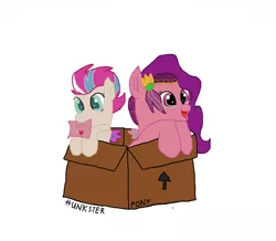 Size: 1280x1114 | Tagged: safe, artist:hunkster, derpibooru import, pipp petals, zipp storm, pegasus, pony, my little pony: a new generation, box, duo, female, g5, image, jpeg, mouth hold, pony in a box, sign, simple background, white background