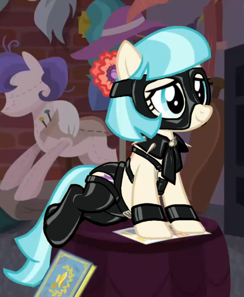 Size: 890x1080 | Tagged: suggestive, edit, edited screencap, editor:anonymous, screencap, coco pommel, earth pony, pony, made in manehattan, belt, blue eyes, blue mane, blue tail, choker, clothes, clothes edit, cocobetes, cute, female, flyer, gachimuchi, harness, image, latex, latex mask, latex stockings, leather, looking forward, mare, mask, png, scrapbook, show accurate, sitting, smiling, solo, spiked collar, stockings, tack, thigh highs, two toned mane, two toned tail, van darkholme, wristband