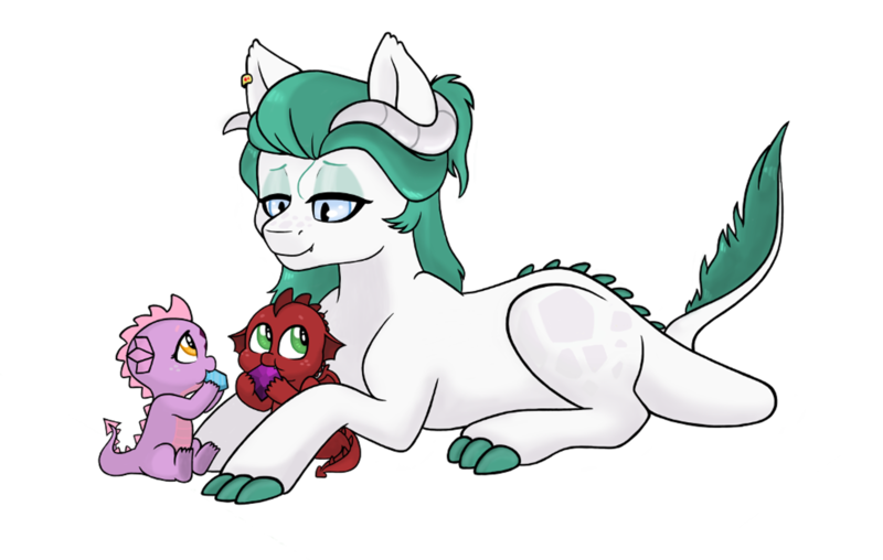 Size: 1500x953 | Tagged: safe, artist:rukawa93, derpibooru import, oc, oc:crystal gem, unofficial characters only, dracony, dragon, hybrid, baby, baby dragon, babysitting, eating, gem, image, interspecies offspring, lying down, offspring, parent:rarity, parent:spike, parents:sparity, png, prone, simple background, transparent background