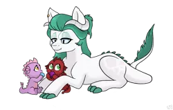 Size: 1500x953 | Tagged: safe, artist:rukawa93, derpibooru import, oc, oc:crystal gem, unofficial characters only, dracony, dragon, hybrid, baby, baby dragon, babysitting, eating, gem, image, interspecies offspring, lying down, offspring, parent:rarity, parent:spike, parents:sparity, png, prone, simple background, transparent background