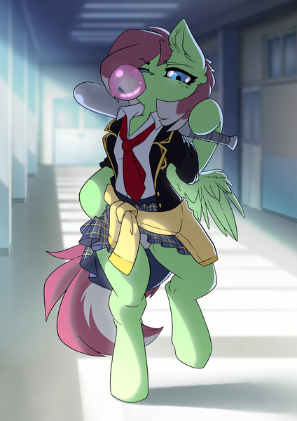 Size: 2481x3507 | Tagged: safe, artist:arctic-fox, derpibooru import, oc, oc:watermelon success, unofficial characters only, pegasus, pony, baseball bat, bipedal, bubblegum, clothes, food, gum, image, panties, png, school, school uniform, solo, underwear, walking