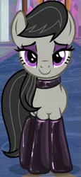 Size: 299x651 | Tagged: safe, derpibooru import, edit, edited screencap, editor:anonymous, screencap, octavia melody, earth pony, pony, a horse shoe-in, season 9, spoiler:s09, bedroom eyes, blushing, choker, clothes, clothes edit, cropped, eyeshadow, female, image, latex, latex socks, lidded eyes, looking at you, makeup, mare, mascara, png, show accurate, smiling, socks, solo, stockings, thigh highs