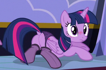 Size: 357x235 | Tagged: suggestive, anonymous editor, edit, edited screencap, screencap, twilight sparkle, twilight sparkle (alicorn), alicorn, pony, bent over, blushing, butt, clothes, clothes edit, female, garter belt, image, mare, plot, png, solo, solo female, stockings, thigh highs