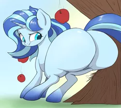 Size: 1345x1200 | Tagged: safe, artist:ahobobo, derpibooru import, oc, oc:urban wave, unofficial characters only, unicorn, apple, applebucking, applebucking thighs, blank flank, bottom heavy, butt, fat, female, feral, food, huge butt, image, large butt, pear shaped, png, satisfied, solo, the ass was fat, thicc ass, thick, tree, wide hips, wide load, wrecking ball